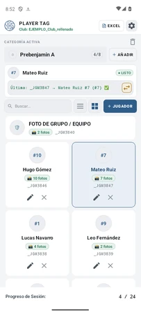 Vista en cuadrícula de la plantilla con las fotos de cada jugador